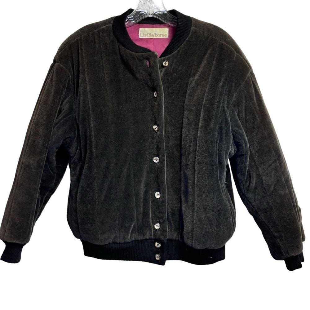Vintage Liz Claiborne Women's Velour‎ Retro Bomber Jacket Brown Snap Front M